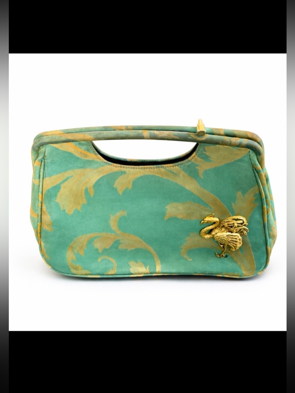 Moo Roo Green Gold Brocade Clutch Dragon Brooch Top Handle Evening Bag Vintage